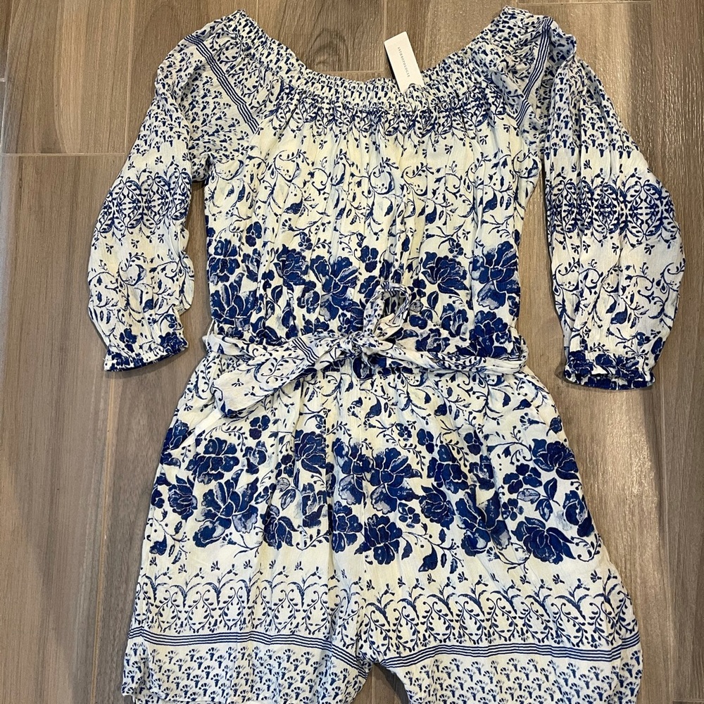 Anthropologie Blue and White Romper NWT Small